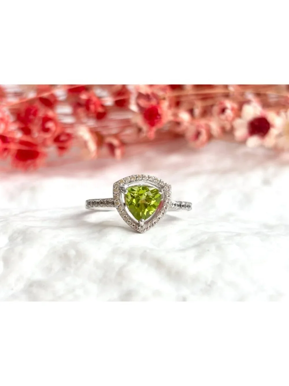 Trillion Cut Peridot Gemstone Halo CZ Sterling Silver 925 Vintage Ring - sz 8